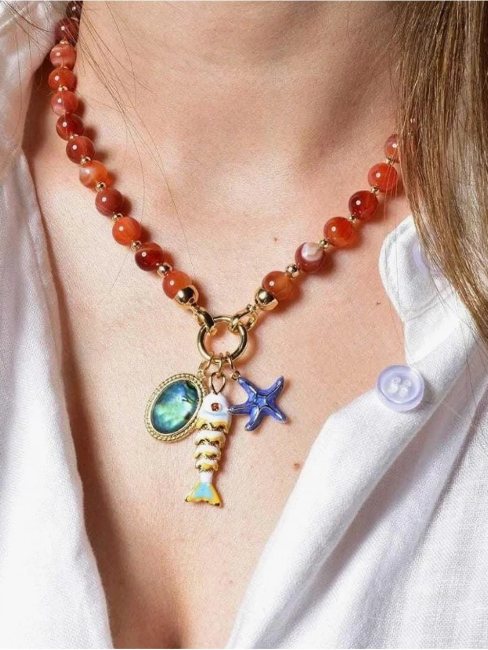 NEW Carnelian Beaded Necklace with Ocean Charms